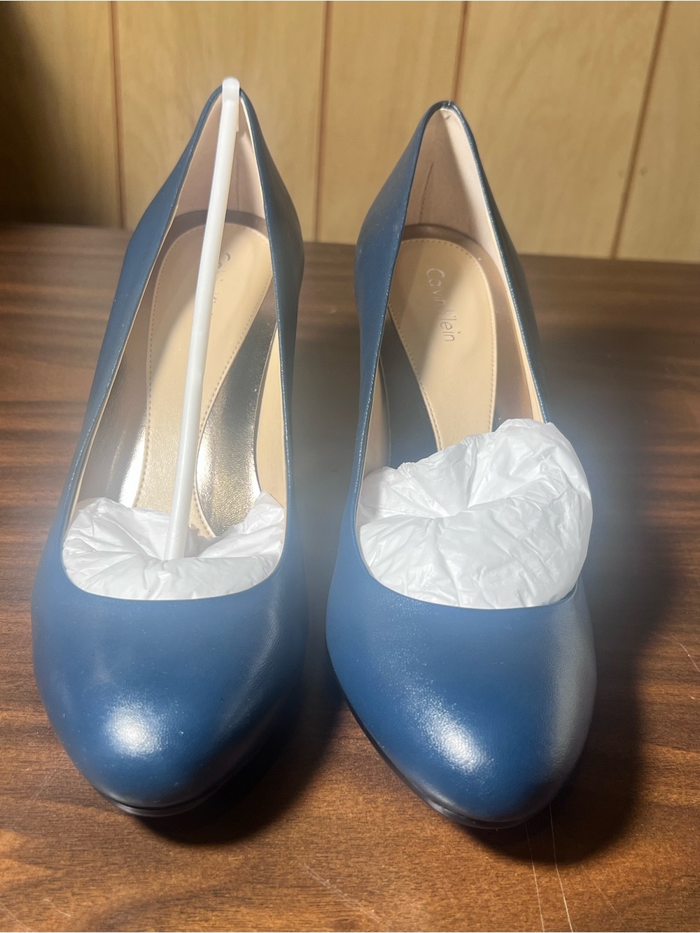 Calvin Klein Navy Blue Leather Block Heel Pumps - Picture 4 of 7